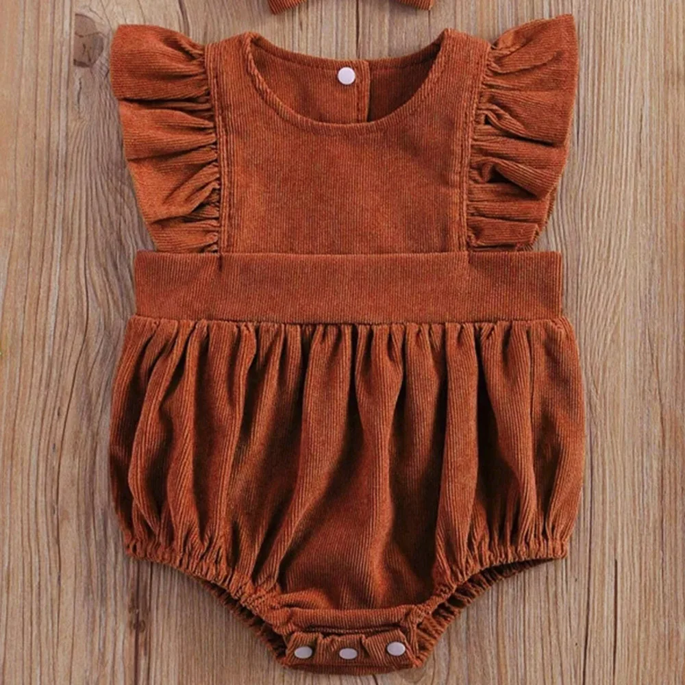 

Infant Romper Summer Corduroy Flutter Sleeve Round Neck Custom Romper Bodysuit, Customized color