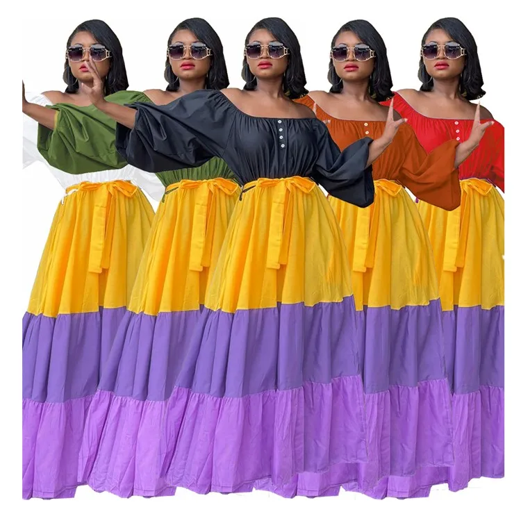 

LLS-0358 Large Size One-Line Neck Elastic Waist Lantern Sleeves Contrast Color Cake Skirt Loose Fashion Dress, Picture color