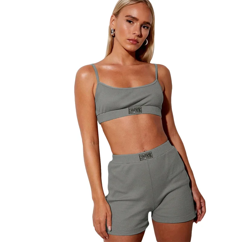 

2020 New fashion women fashion spaghetti strap Knitting top bra and pants two piece set women ladies clothing