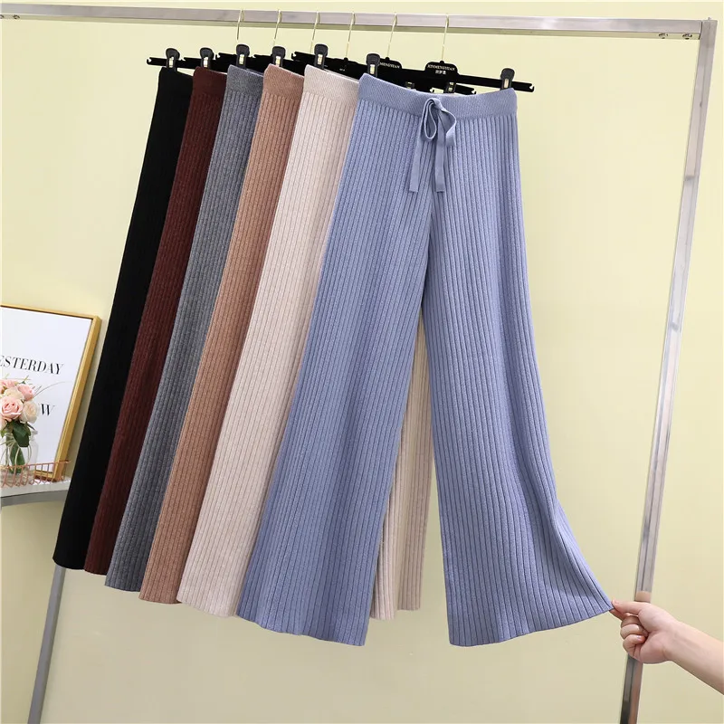 

2019 New Casual High Waist Drawstring Knit Loose Wide Leg Pants Palazzo Pants Women, Pink