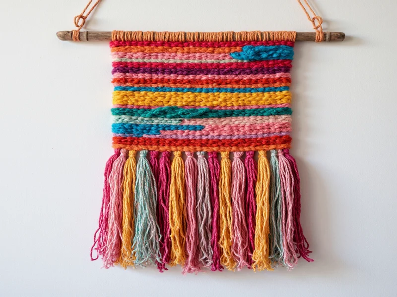 Colorful woven wall hanging made from fabric scraps