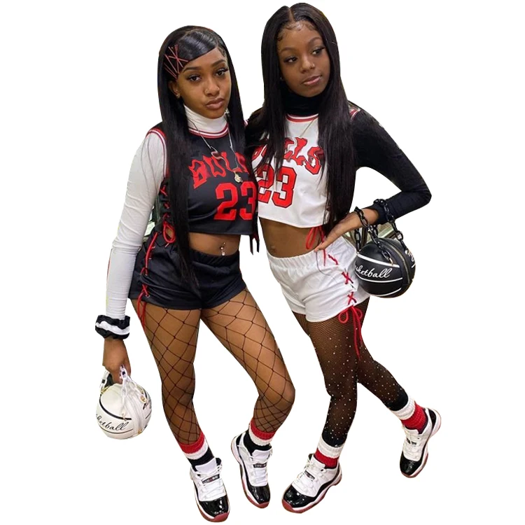 

Wholesale Summer Sleeveless Basketball Shorts 2 Peice Jersey Set Women Sports Crop Top And Biker Shorts Set