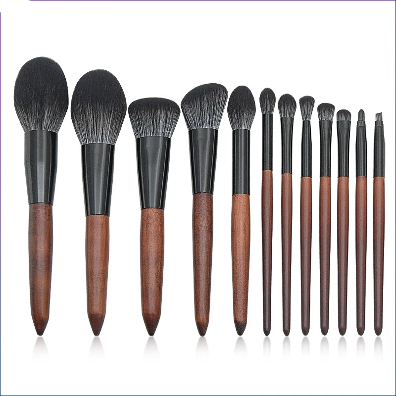 

wholesale 12pcs wood handle vegan synthetic hair private label kit brushes for makeup, Brown