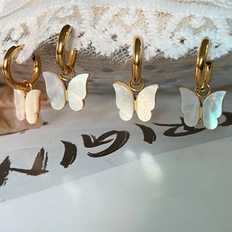 

MICCI Wholesale Custom 18K Gold Plated Stainless Steel Jewelry White Shell Butterfly Hoop Earrings