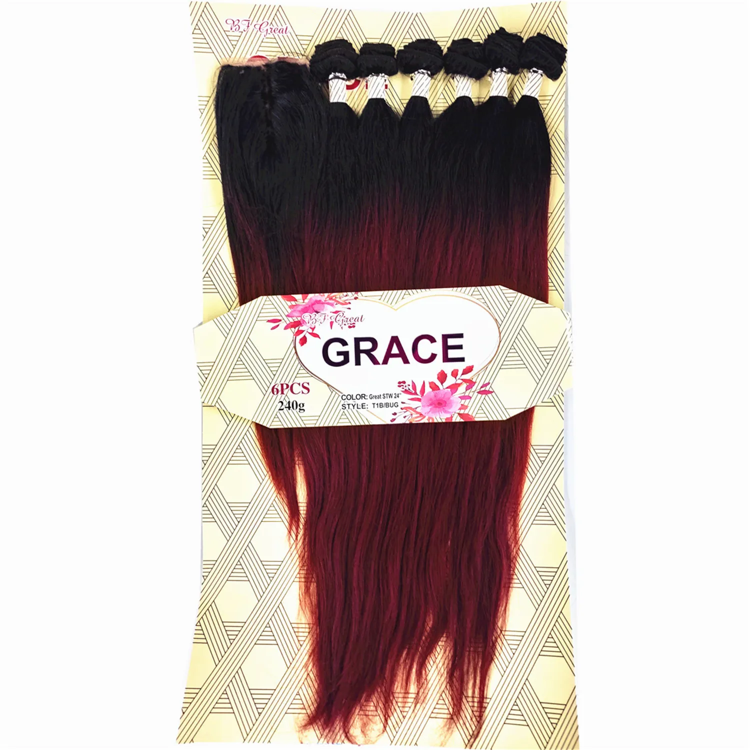 

packet hair with closure 7pcs in One 24" 240gram red color cheapest blended hair, Burgandy color t1b/bug