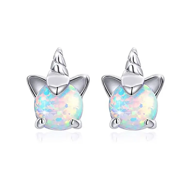 

1 pair fashion alloy Kids Earrings Sterling Silver women simple platinum-plated Opal Unicorn Stud Earrings For Kids Children