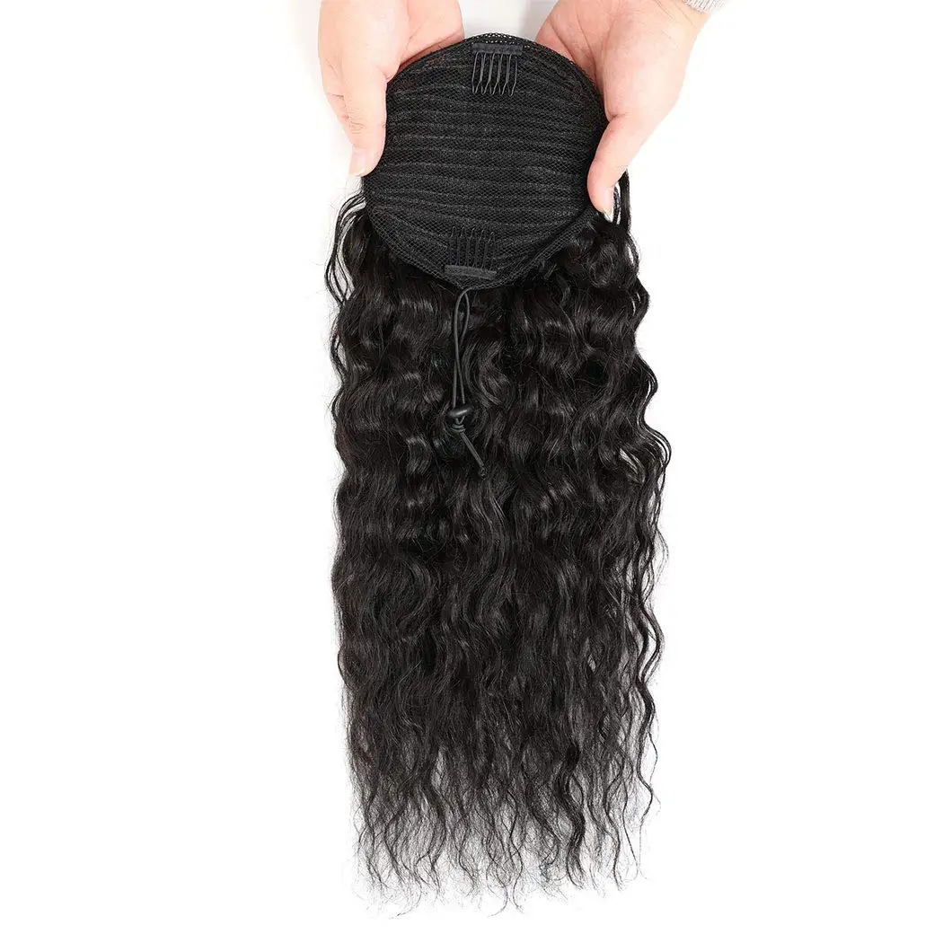 

Drawstring Extension Natural Black Synthetic 22 Inch Long Wavy Clip in curly synthetic ponytail extension