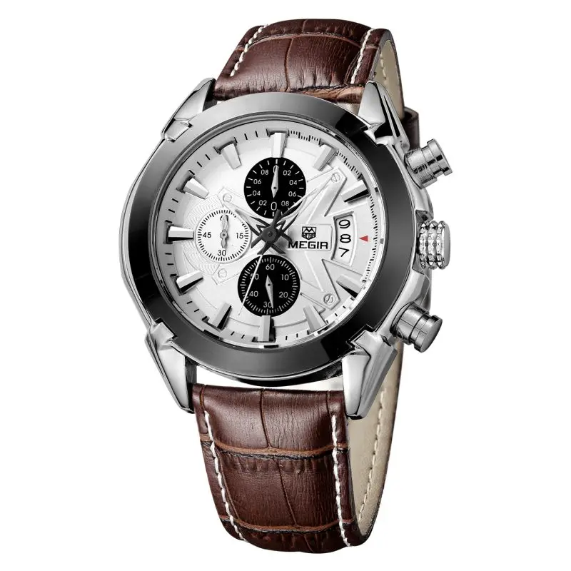 

Reloj Hombre MEGIR 2020 Men Military Quartz Watches Top Brand Luxury Brown Leather Chronograph Wrist Watch, Black, white, brown, silver