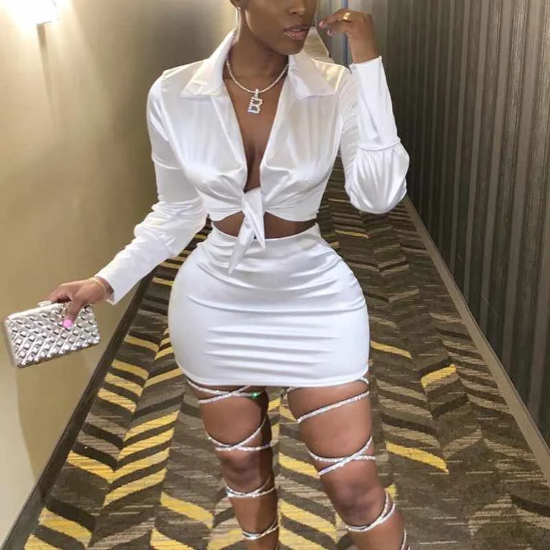 

Lapel Tie Deep V-Neck Long Sleeve Top Short Skirt Sexy Women Set Clothing