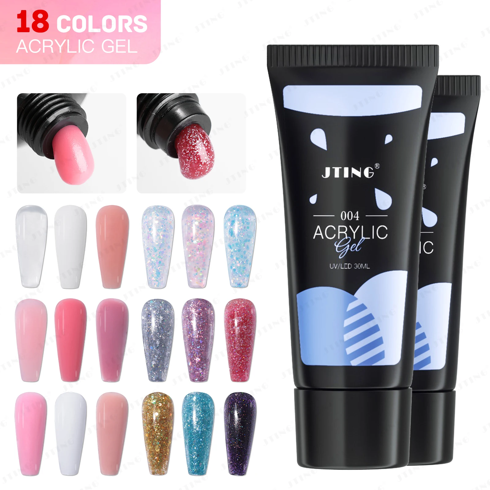 

JTING Professional quick extension easy soak off acrylic nail acryl gel 18color set 30ml tube OEM Private label Glitter poly gel