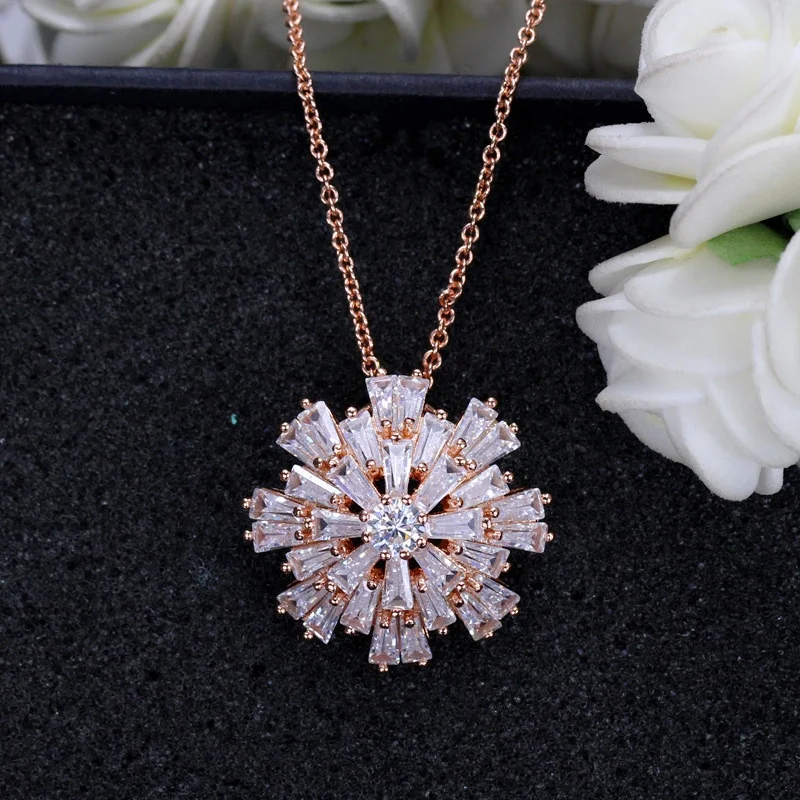 

Luxury Zircons Rose Gold and Silver Plated Bar Cubic Zircon Setting Big Snow Flower Necklaces Pendants Jewelry, Customized color