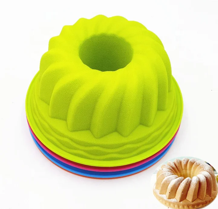 

Wholesale 9 Inch Round Spiral Shaped Brownie Baking Bundt Cake Pans Silicon Kouglof Cake Pop Molds for Chiffon, Red, blue, orange, green, customized