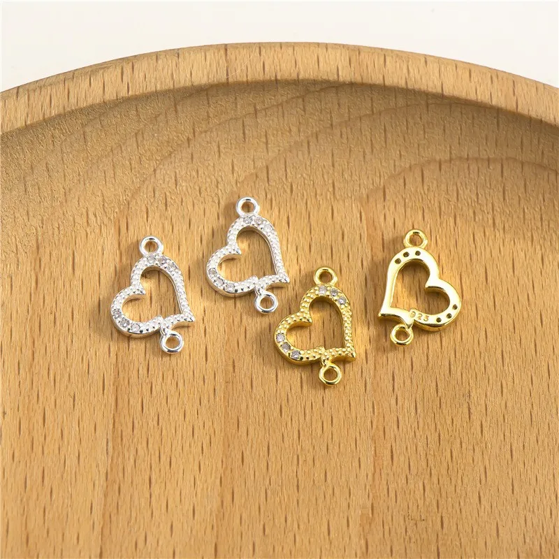 Hot Sales 925 Sterling Silver Vermeil Hollow Zircon Heart Shaped Charm for Jewelry Making Connectors