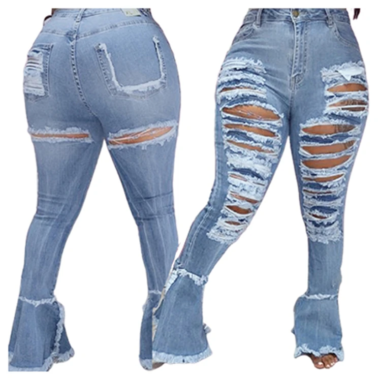 Newest Design Fashion Fall Winter Ripped Casual Women Jeans Long Pants Ladies trousers Women Flare Pants