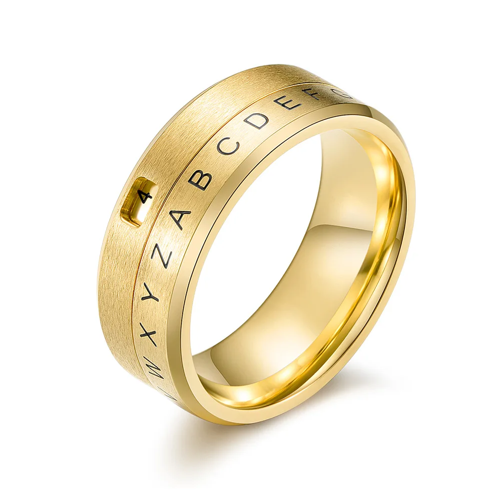 Stainless Steel 18k PVD Gold Plated Secret Decoder Window Cipher Lucky Number Rotating Spinner Ring