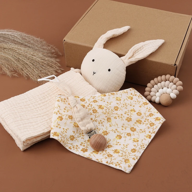 

Baby Gift Basket with Silicone Teether, Dummy Clip Set and Rabbit Comforter., As photos