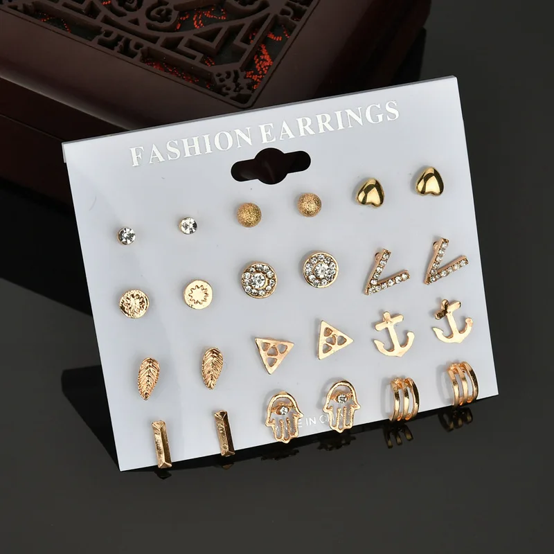 

12 Pairs/Set Silver Gold Stud Earring Set Minimalist Jewelry Korean Style Mini Rhinestone Metal Earrings For Women Gift