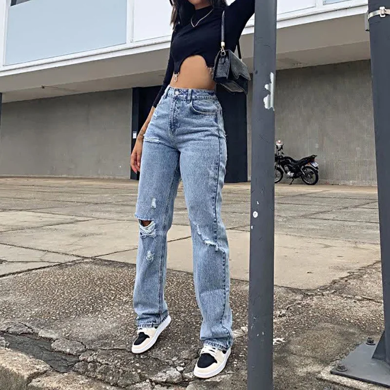 

Ins Straight Ripped Jeans Women Hot Sale High Waist Cotton Denim Casual Pants Blue Washed Baggy Mom Jeans