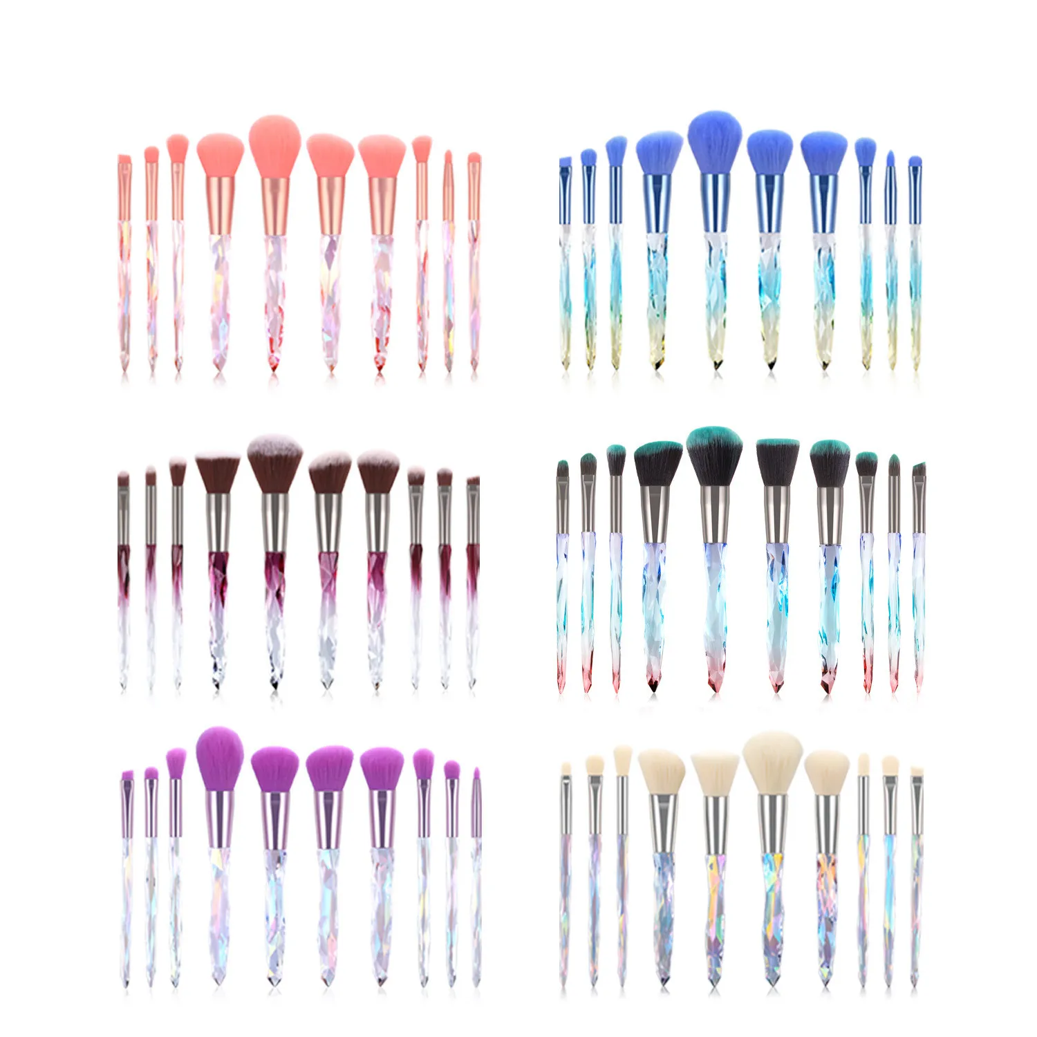 

Pincel de maquiag custom transparent clear private label vegan 10pcs high quality synthetic crystal makeup brush set, Bling bling ,rose ,blue,purple