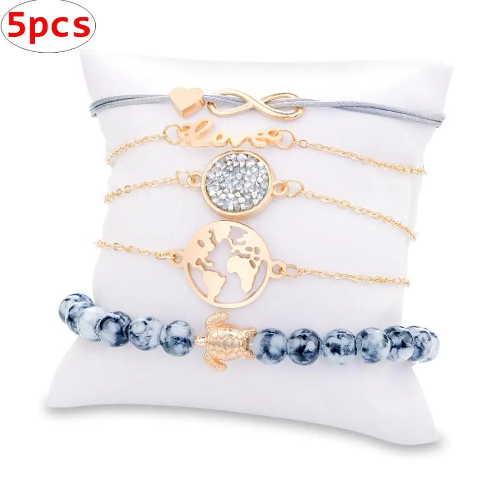 

Q107082 bracelets jewelry sets Love Letter World Map Turtle 5pcs/Set Bracelet For Women jewellery bangles