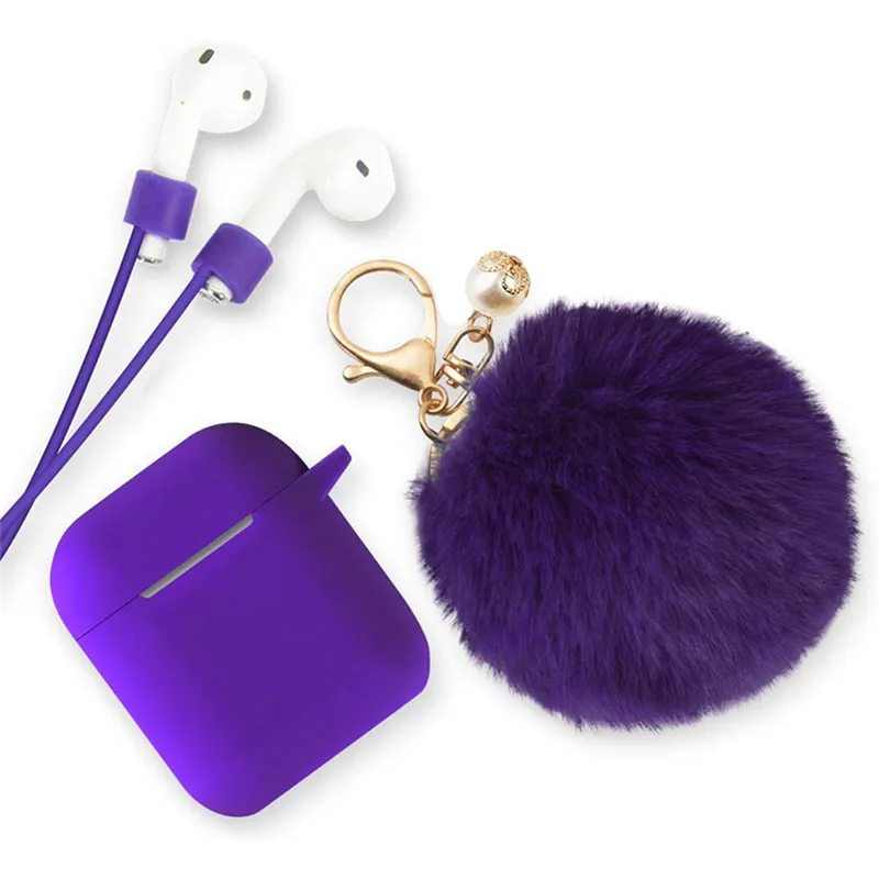 

Hot Sale Cute Soft Silicone Earphone Case For AirPods 2 1 Protective Cover With Pompom Furball Keychain, 12 colors