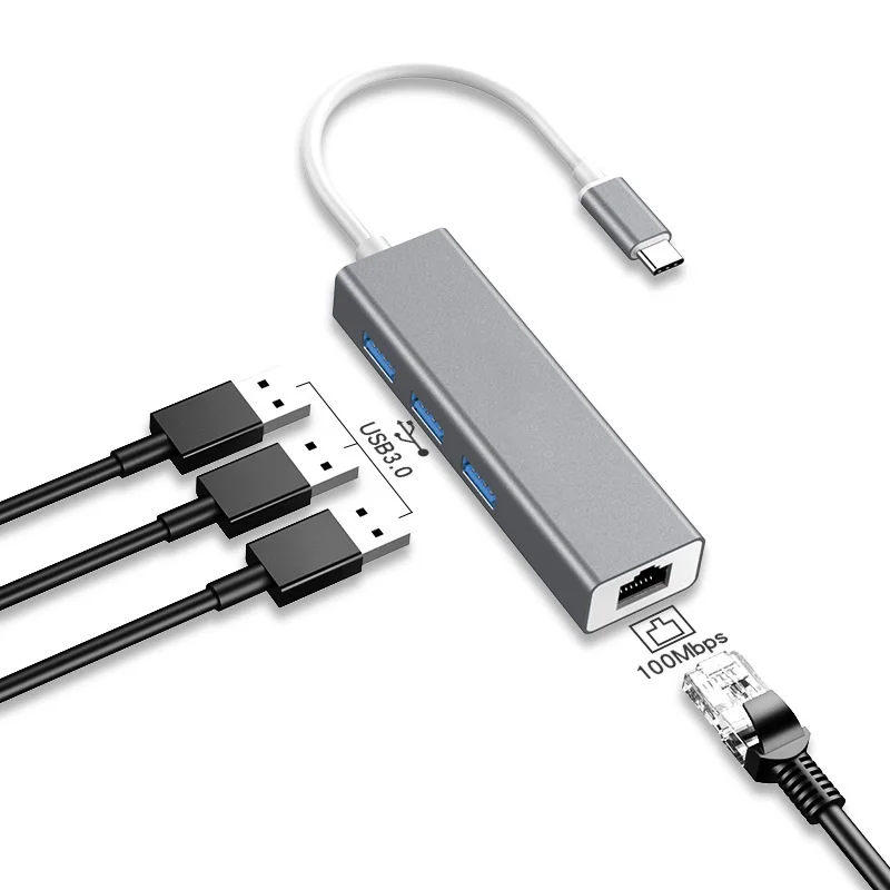 

Type usb C Hub Adapter 3 Ports USB 3.0 Type-C to Rj45 Lan Gigabit Ethernet Network Splitter Adapter, Black white gray gold