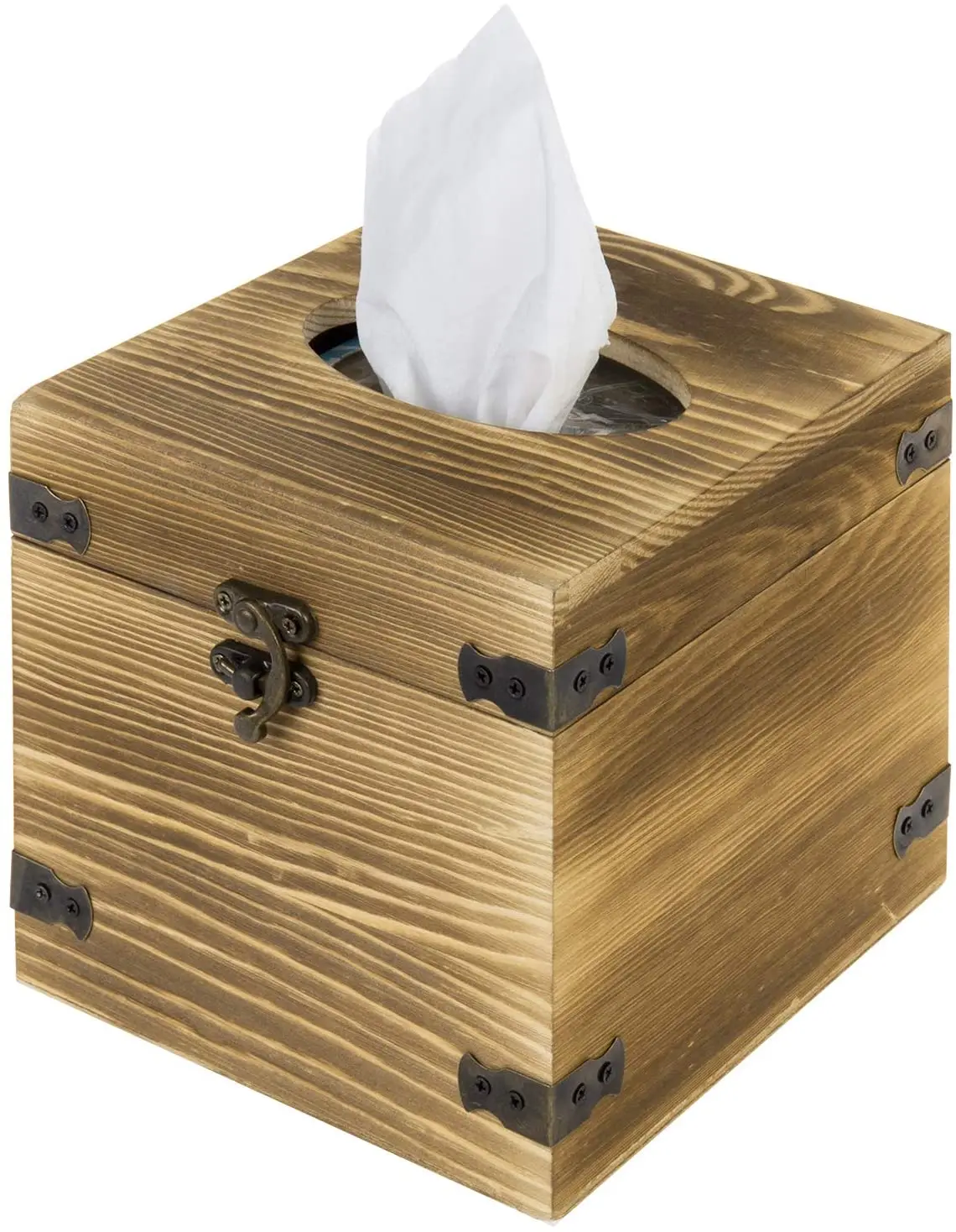 

Burnt Brown Wood Square Facial Tissue Box Holder Cover with Hinged Lid, Customized color