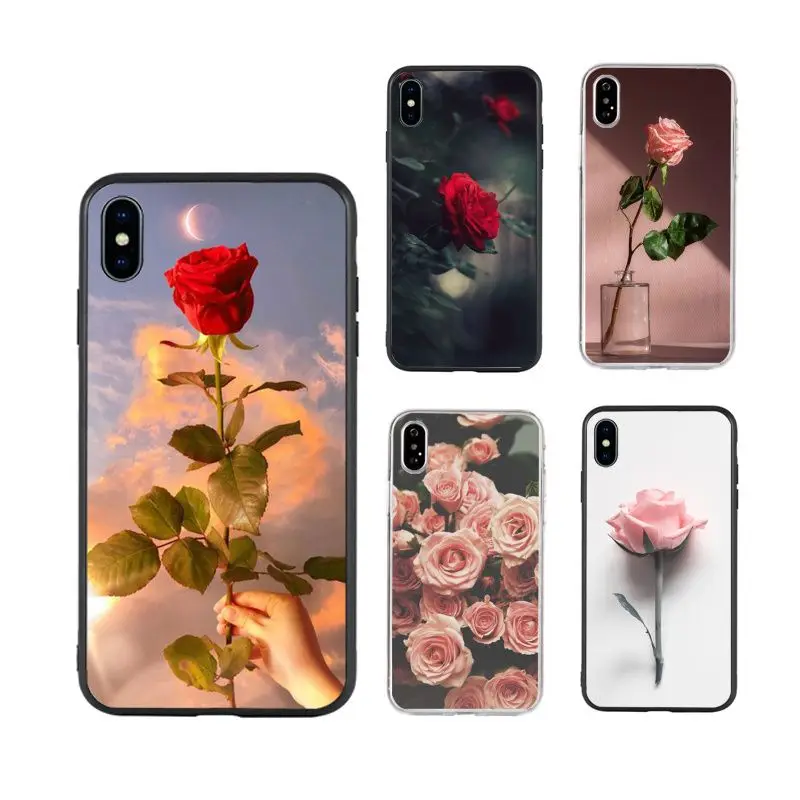 

Beautiful plant flower rose fashion art Phone Case for iPhone X XR Xs Max 11 11Pro 11ProMax 12 12pro max luxury fundas bling, Black/transparent