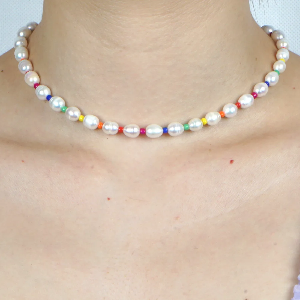 

Bohemian Beach Wind Natural Freshwater Pearl Rainbow Rice Bead Necklace, Picture