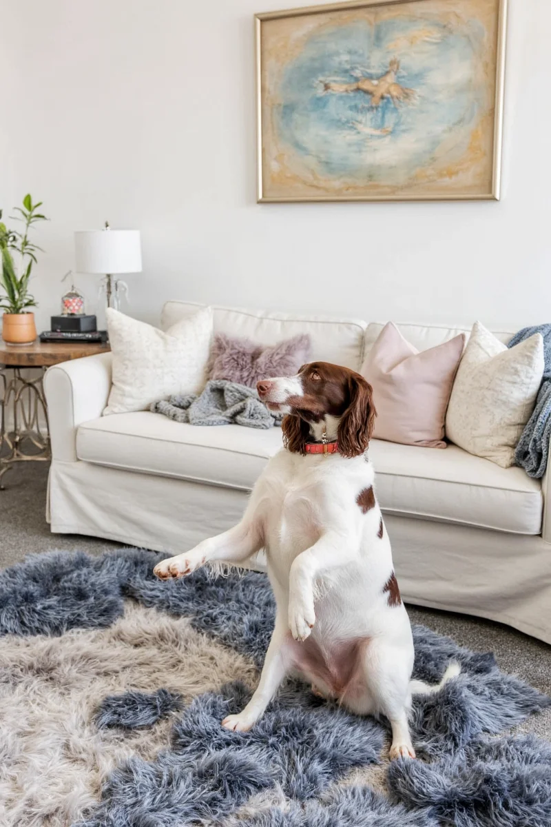 Modern living room in Sharon PA with scratch-resistant couch, pet zone rug, and floating shelves decorated with pet-safe plants.