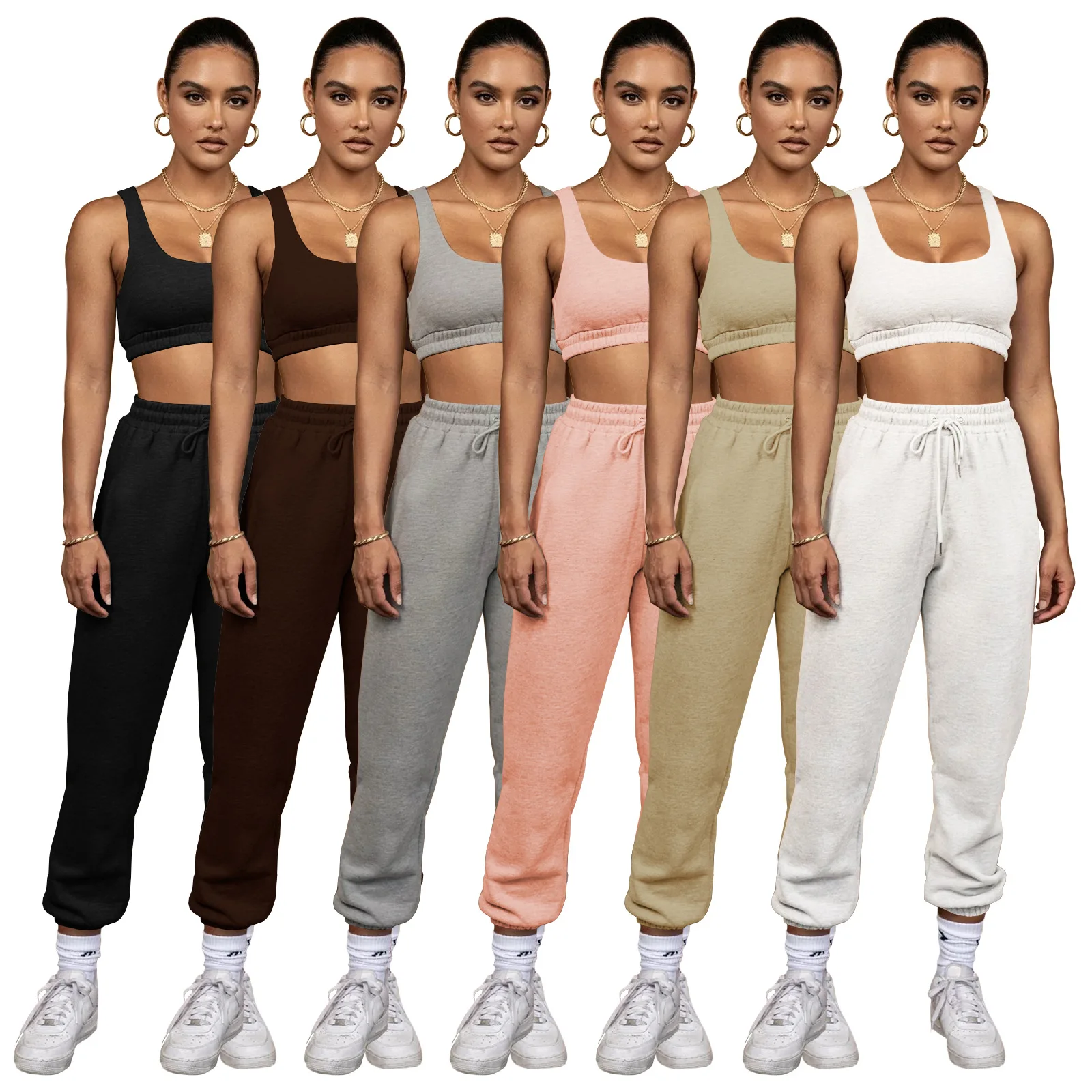 

2021 High quality custom logo joggers 2 piece crop top two piece pants set comfy cotton workout womens