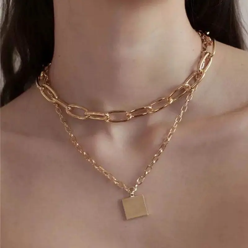

European American Double Layer Stainless Steel Necklace 14k Gold plated Geometric Square Pendant Necklace Jewelry, Gold color