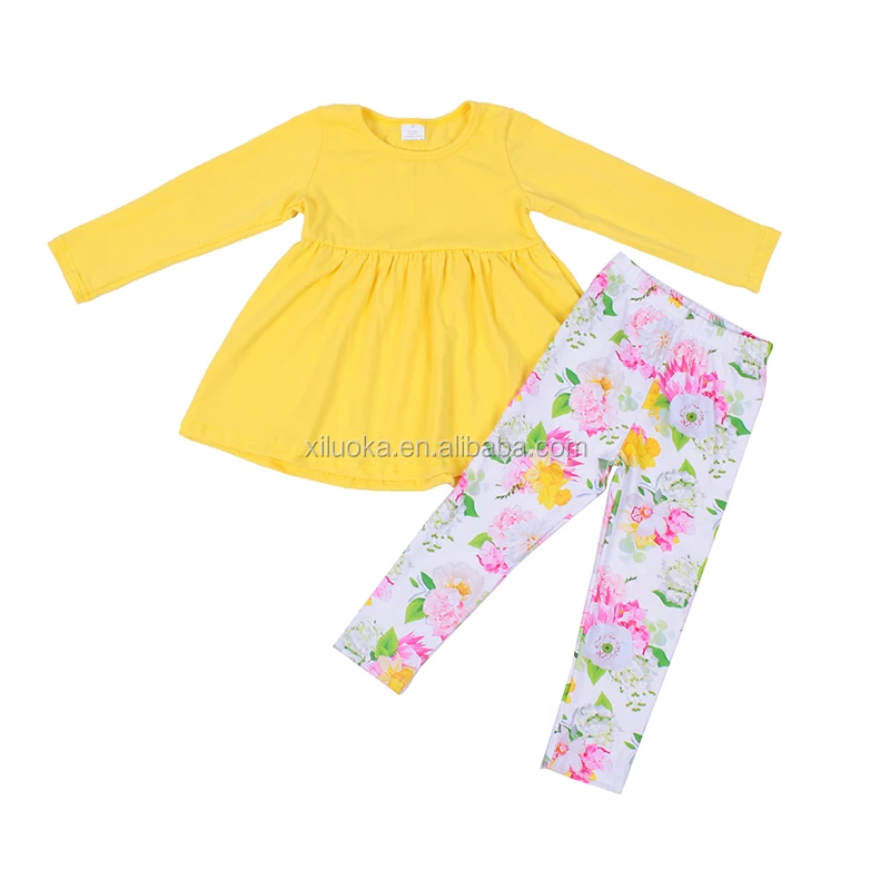 

Yiwu Spring Kids Two Piece Sets Yellow Cotton Tops Floral Long Straight Leg Sets, Picture