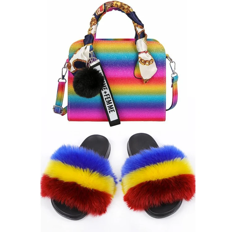 

Summer Fur Slides Sandle And Handbags Set Lady Jelly Shoulder Hand Bags Matching Sandals Shoe And Purses Sets For Women, As pictures or customized colors