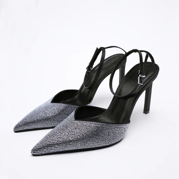 

2022 Summer Women'S Shoes Sandals Brightly Rhinestones Pointed Toe Temperament Wedding Shoes High Heels Shoes, Black