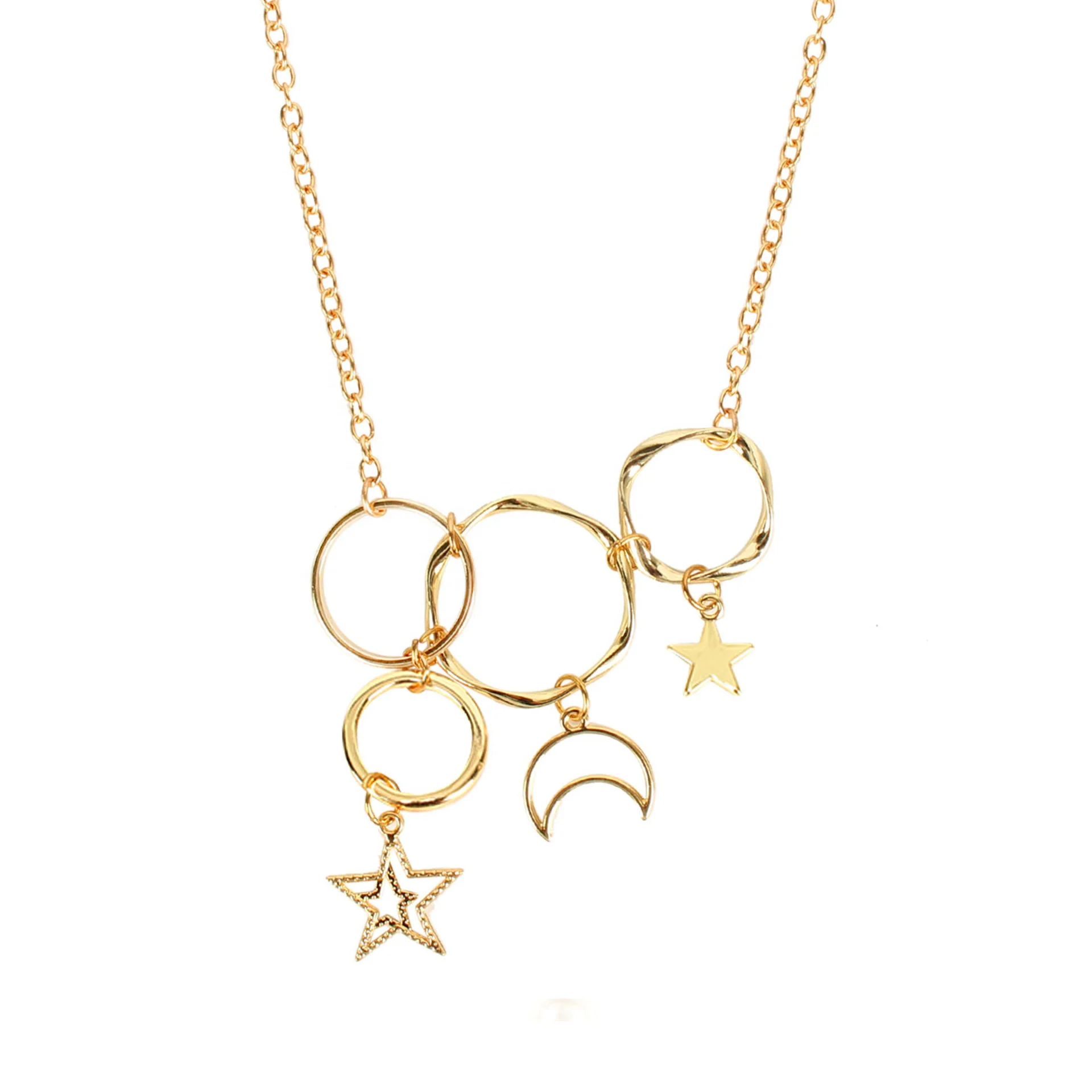 

Jachon Simple Hollow Out Multi Ring Circle Star Moon Chocker Chain Pendant Necklace, As picture