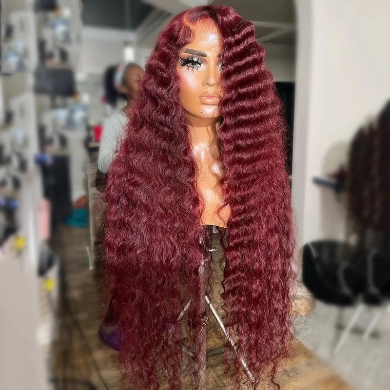 

Lace Frontal Wig Burgundy Cherry Red Colored Deep Wave Lace Front Wig PrePlucked 30" 13x4 Curly Lace Front Human Hair Wigs