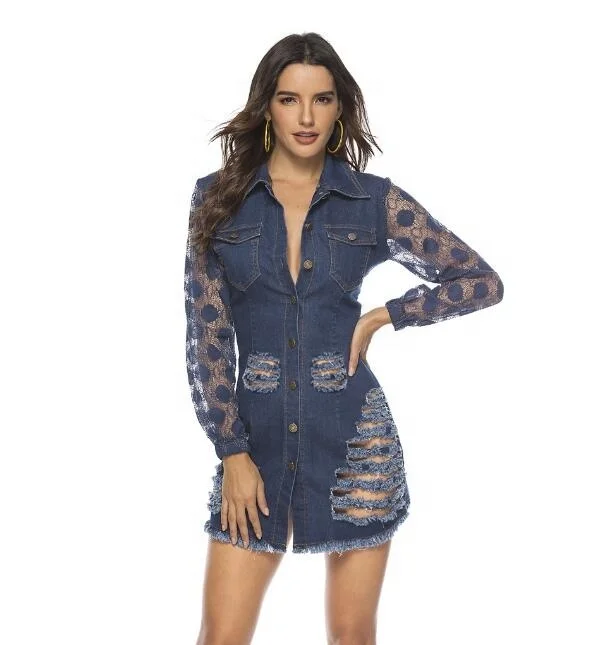 

Sexy Lace Denim Dress Pocket Hole Out T Shirt ., Blue