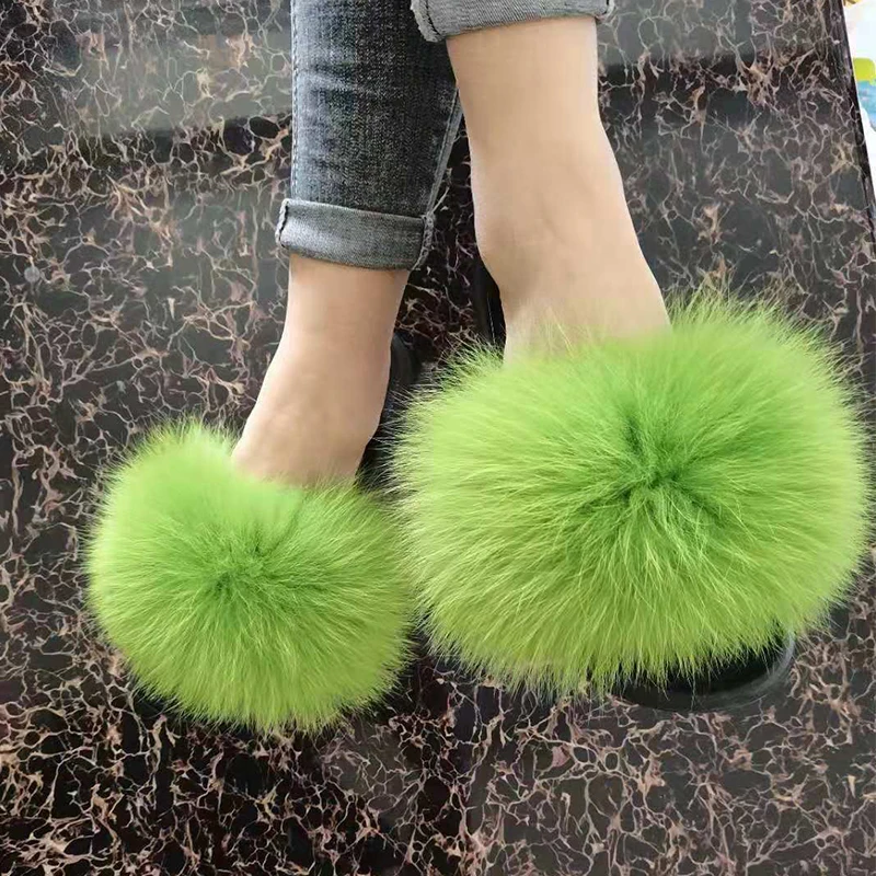 

Women Indoor Outdoor Fashion Fox Fur Slides Fluffy Genuine Fox Fur Slippers summer fashion fox fur slides, Customized color