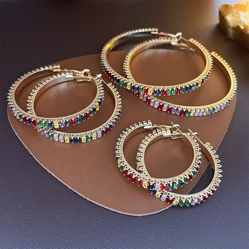 

Shiny Statement S925 Silver Needle Colorful Zircon Big Hoop Earrings Women Fashion Cz Circle Earrings Jewelry For Gift