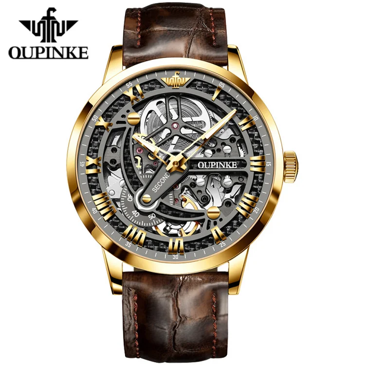 

OUPINKE 3173 Top Brand Luxury Mens Mechanical Wristwatch Automatic Watch Classic Skeleton Leather Sapphire Waterproof Clock
