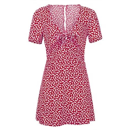 

Wholesale Women Summer Tea Length V-neck Polka Dot Print Dress, As picture