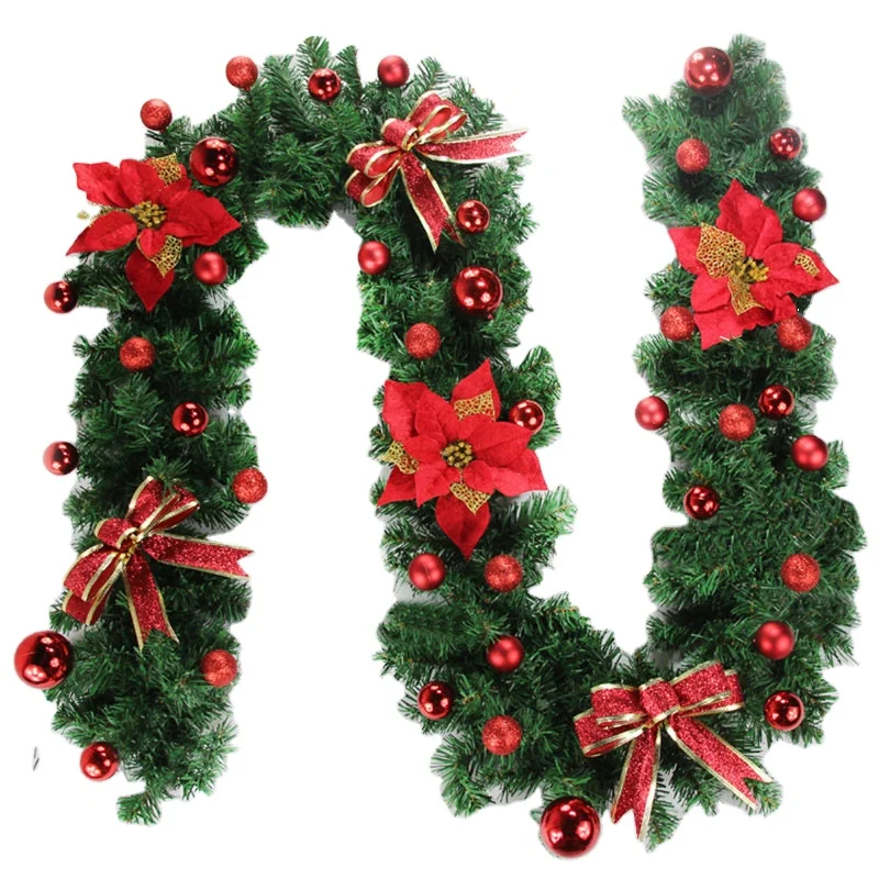 

2.7m 8.8ft Artificial Green PVC Christmas Garland With Red Bows Artificial Flowers Bauble Ball Xmas Garland Indoor Outdoor Decor