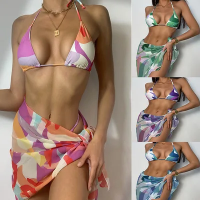 

Swimsuits Women Ladies Bikini Swimwear Fashion Sexy Color Block Lace Halter 3 Piece Set Women Summer Beachwear