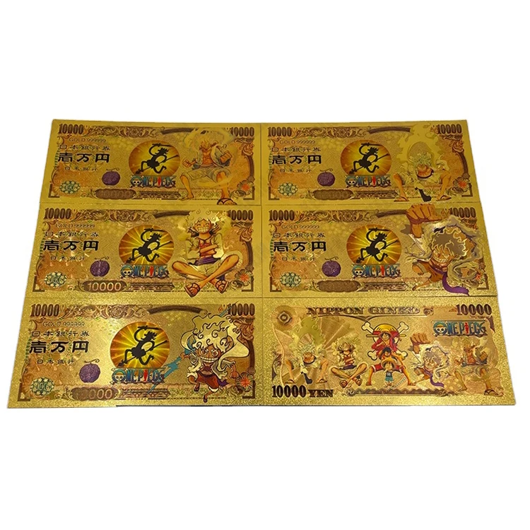 

New 5 Designs Japan Anime One Piece 10000 Yen Money Plastic 24k Gold-Plated Banknote