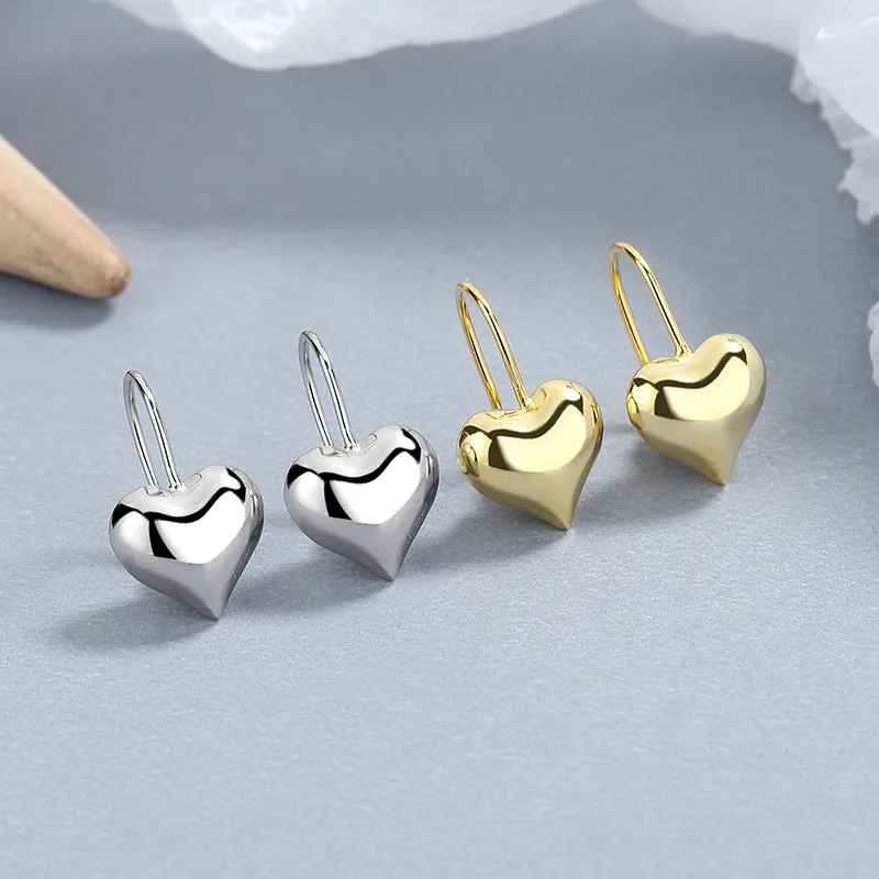 Fashion Minimalist Jewelry 925 Sterling Silver Simple love Heart Pendant Bead Shape Gold Plated Hoop Earrings for Women