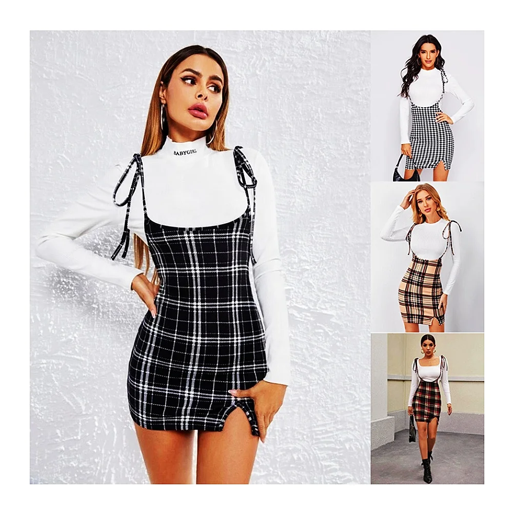 

Jiaer-Hot Sale Women Clothing Tie Shoulder Spaghetti Strap Overall Lady Plaid Slip Dress, 4 options