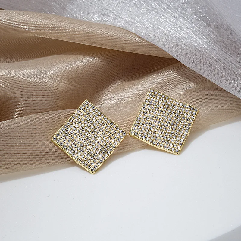 

fashion trendy geometric crystal gold square stud earrings