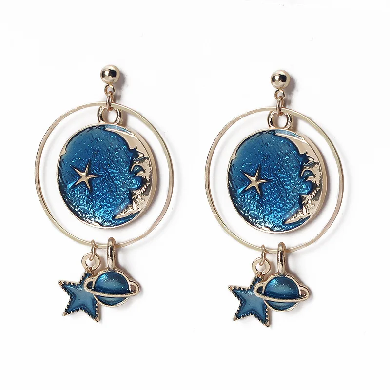 

RTS 2021 New Blue Star Moon Earrings Net Red Girl Heart Planet Female Alloy Gold Long Tassel Star Asymmetric Earrings For Women