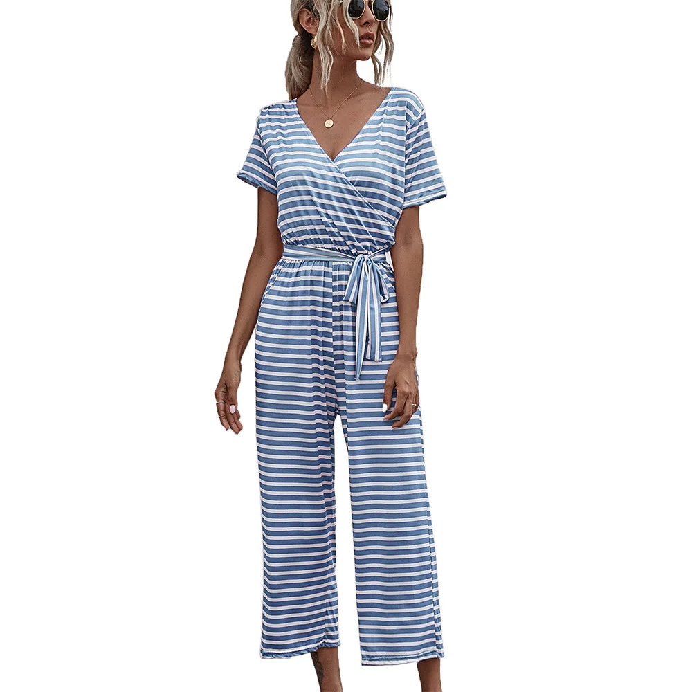 

Women's fashion striped V-neck short-sleeved lace-up slimming casual women's jumpsuit